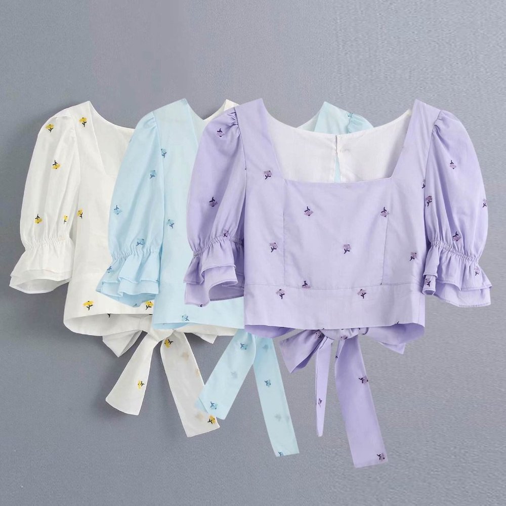 Women Lavender Square Collar Short Sleeve Crop Top - Picture 4 of 5